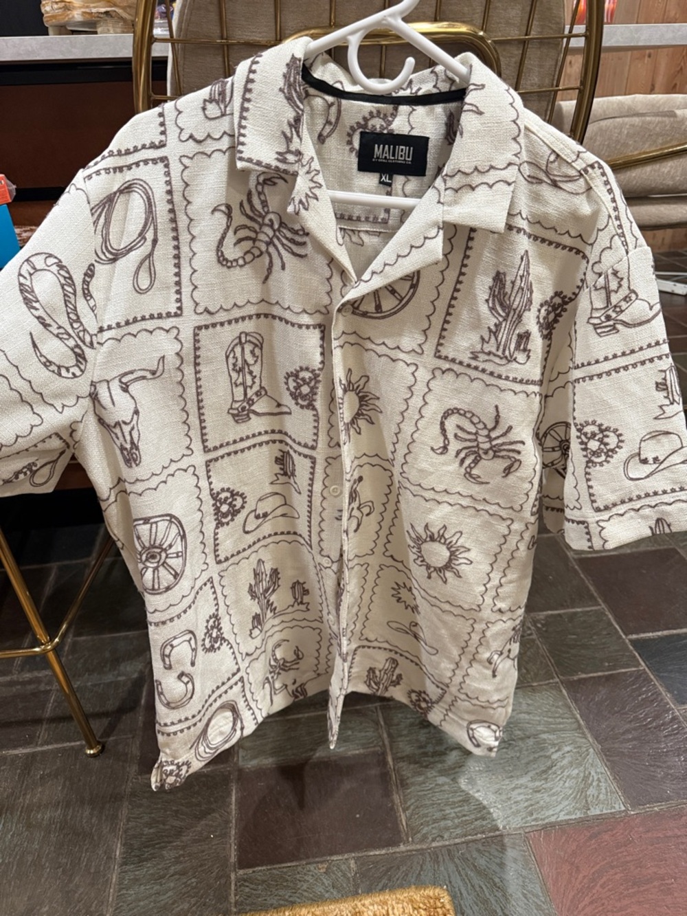 Malibu Cream Short-Sleeve Button Shirt with Brown Western Print